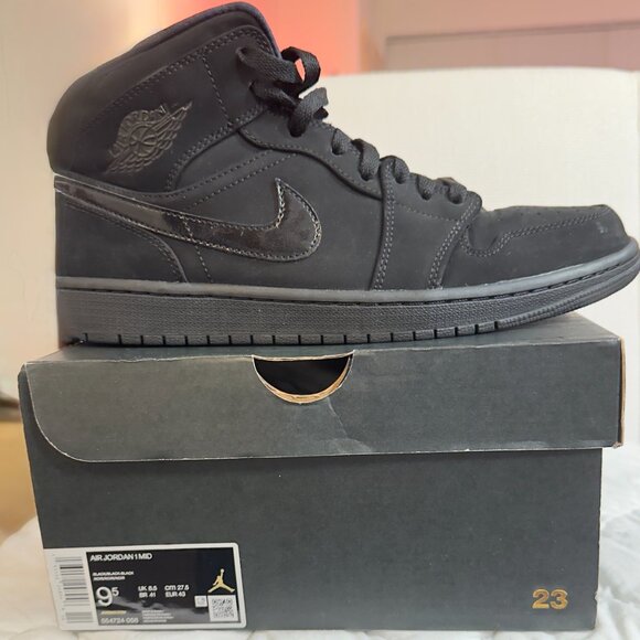 Size 9.5 - Air Jordan 1 Mid Triple Black Suede - Picture 2 of 6